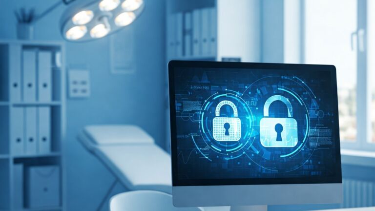 Ein Computerbildschirm mit Sicherheitssymbolen in einer typischen Arztpraxisumgebung.